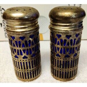 Godinger Filigree Silver Plate Cobalt Blue Glass Salt & Pepper Shakers